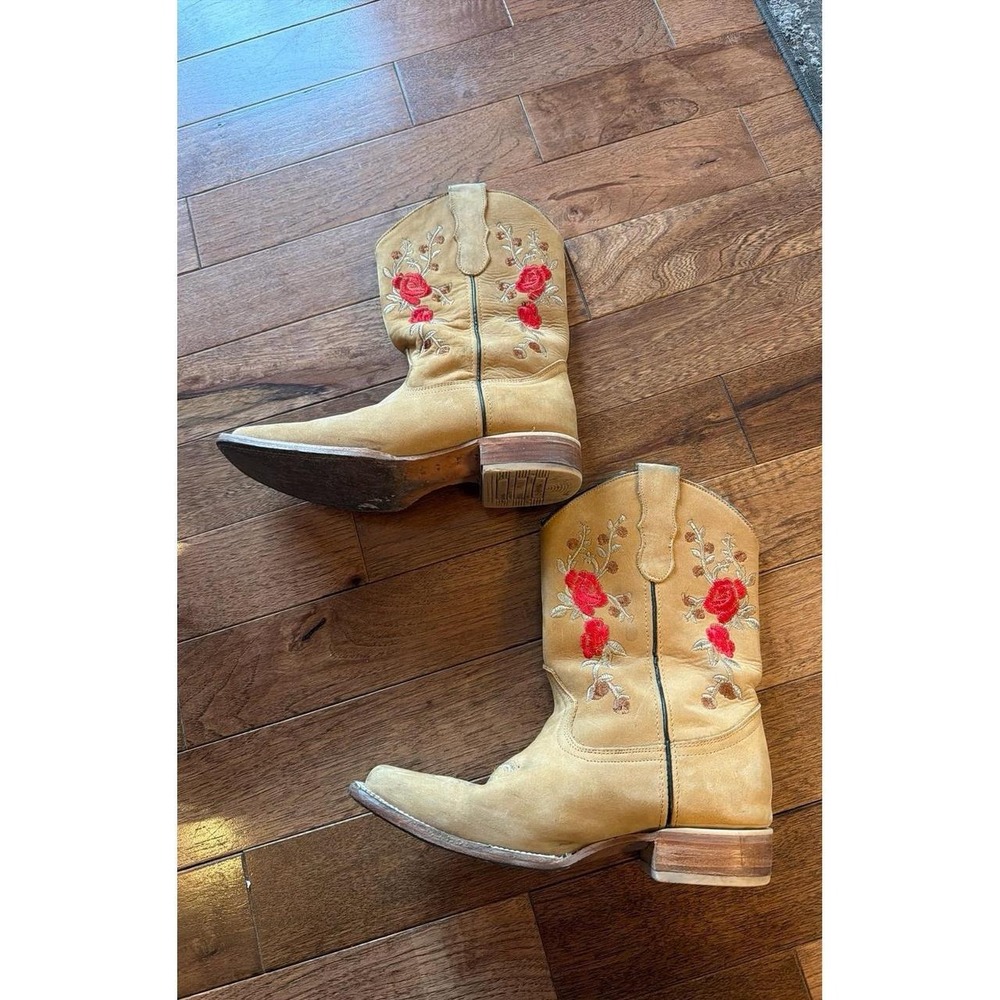 Tan Embroidered Rose Square Toe Western Boots Halcones Size 6